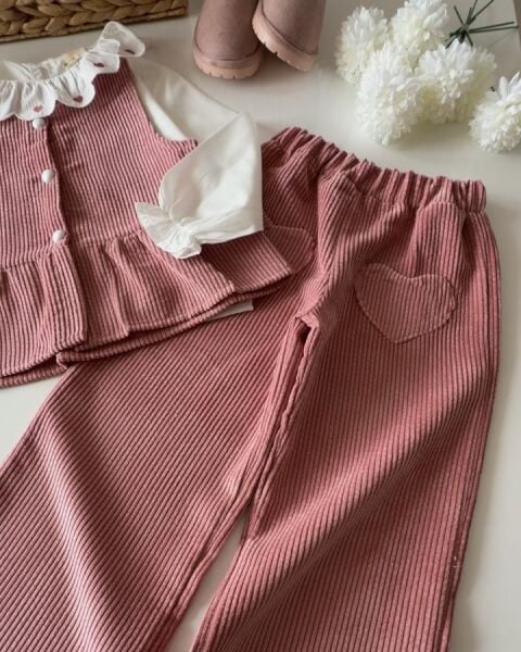 Asarkids Kadife Yakası Kalpli 3'lü Takım - Pembe