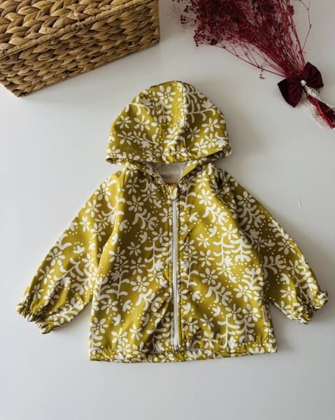 Çiçek Desenli Fermuarlı Yağmurluk - Yağ Yeşili