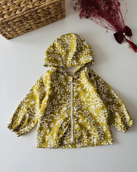 Çiçek Desenli Fermuarlı Yağmurluk - Yağ Yeşili