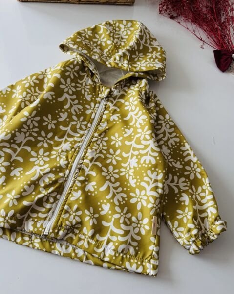 Çiçek Desenli Fermuarlı Yağmurluk - Yağ Yeşili