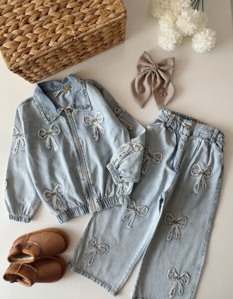 Fiyonk Aplikeli Fermuarlı Denim 2'li Takım - Mavi