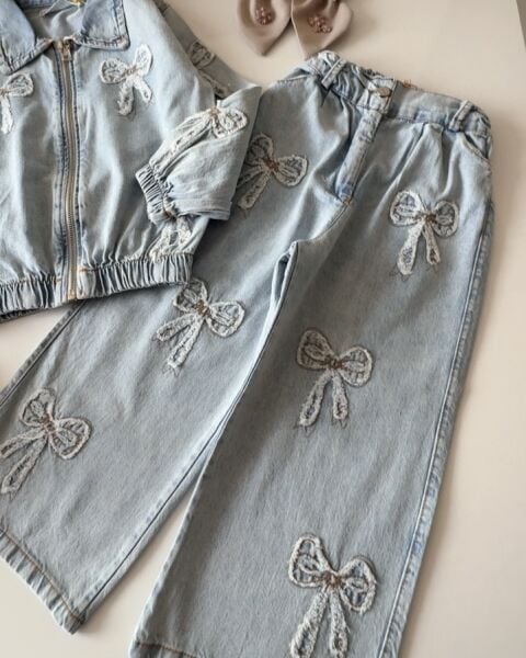 Fiyonk Aplikeli Fermuarlı Denim 2'li Takım - Mavi