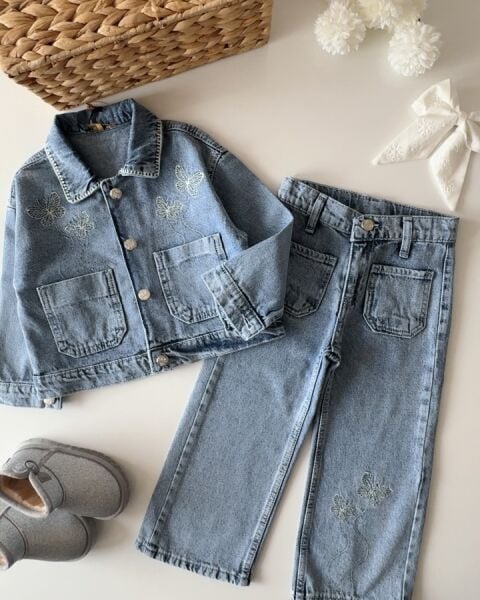 Kelebek Nakışlı Denim 2'li Takım - Mavi