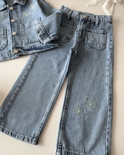 Kelebek Nakışlı Denim 2'li Takım - Mavi