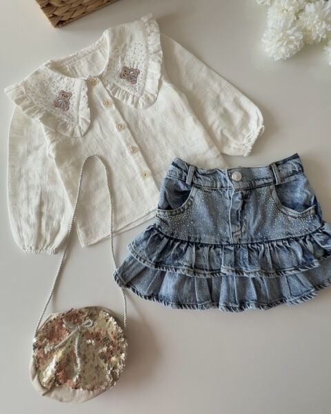 Asarkids Ayıcık Nakışlı Denim Etekli Çantalı 3'lü Takım - Beyaz Mavi