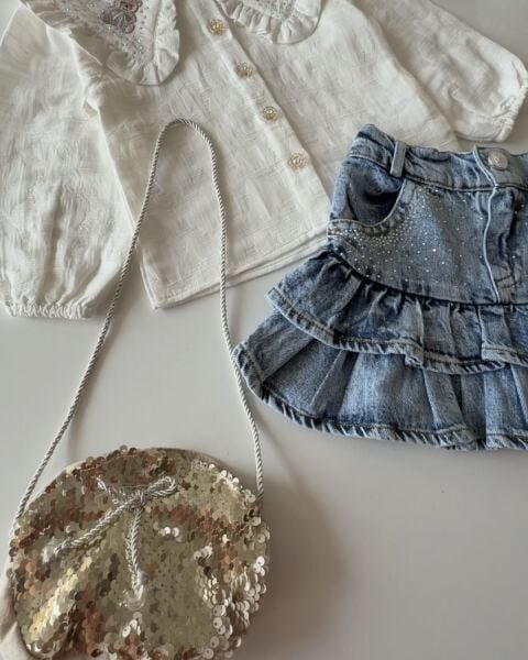 Asarkids Ayıcık Nakışlı Denim Etekli Çantalı 3'lü Takım - Beyaz Mavi