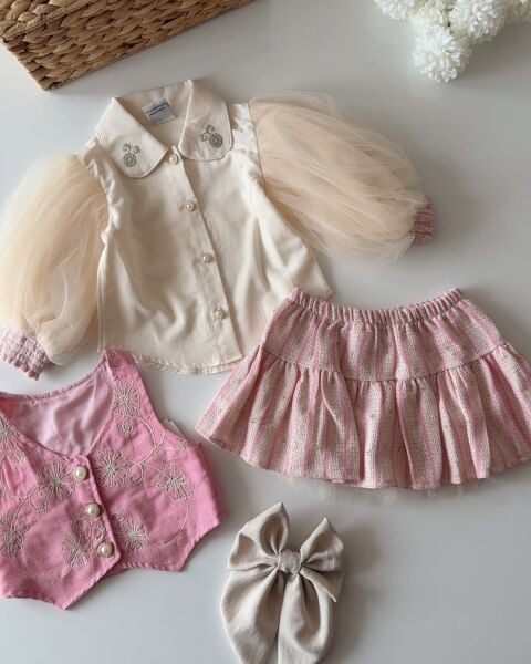 Nakışlı Tüllü 3’lü Etekli Set - Pembe