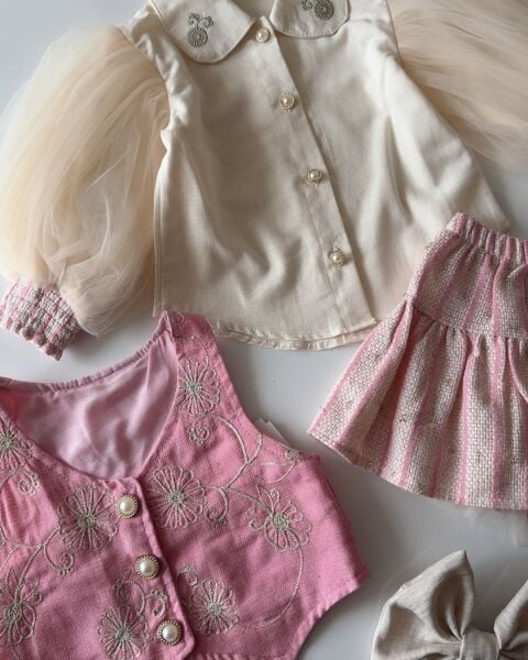 Nakışlı Tüllü 3’lü Etekli Set - Pembe