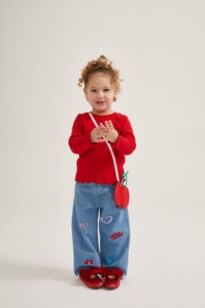 Kiraz Baskılı Bol Paça Pantolon Bluz  3'lü Set - Kırmızı