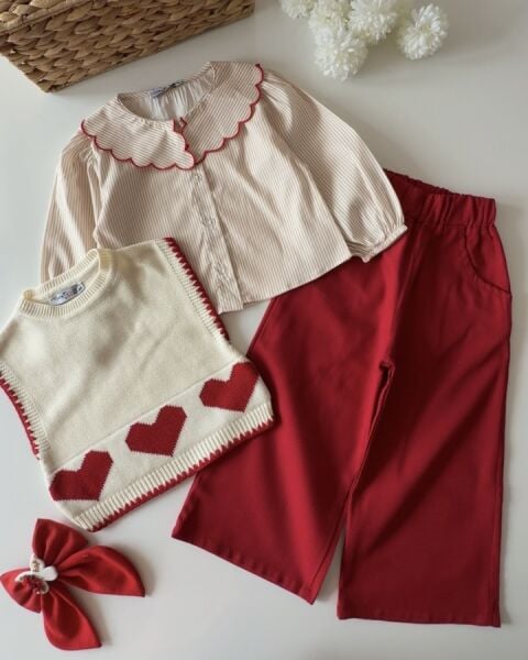 Asarkids Kalp Baskılı Triko Süveter Takım - Kırmızı