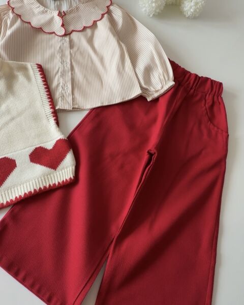 Asarkids Kalp Baskılı Triko Süveter Takım - Kırmızı