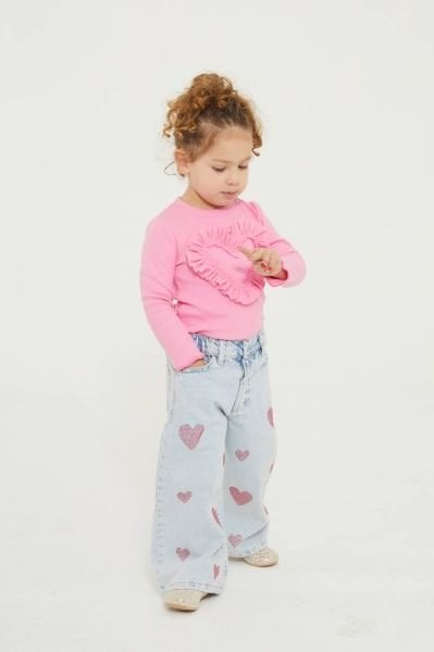 Taşlı Kalp Baskılı Bol Paça Pantolon Bluz  2' Set - Pembe