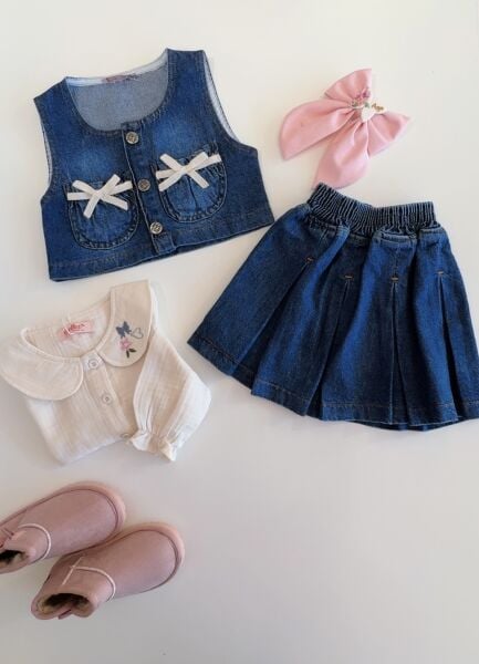 Denim Ceketli Yumuşacık 3'lü Takım - Mavi