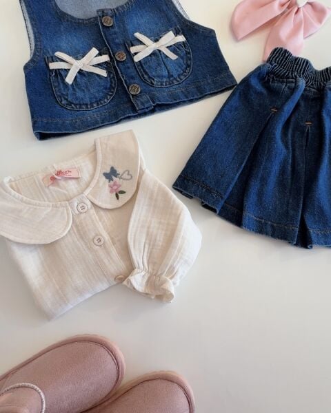 Denim Ceketli Yumuşacık 3'lü Takım - Mavi