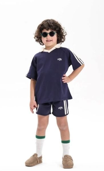 Asarkids La'ciel Paris Yakalı Şeritli Şortlu 2'li Takım - Lacivert