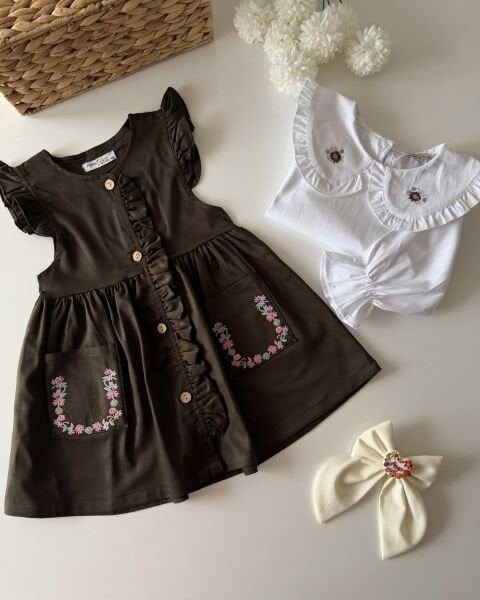 Asarkids Yaka Nakışlı Jile Gömlek Seti - Koyu Yeşil