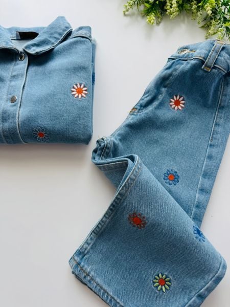 Denim Çiçekli Ceketli Takım - Mavi