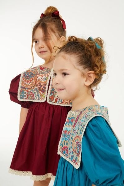 Etnik Desen Yakalı Elbise - Mavi