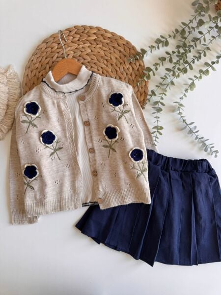 Triko Çiçek Aplikeli Etekli 3’lü Set - Lacivert