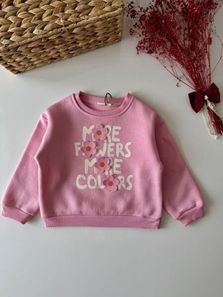 Çiçek Aplikeli Şardonlu Sweatshirt - Pembe