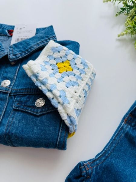 Denim Kolları Örme Takım - Mavi