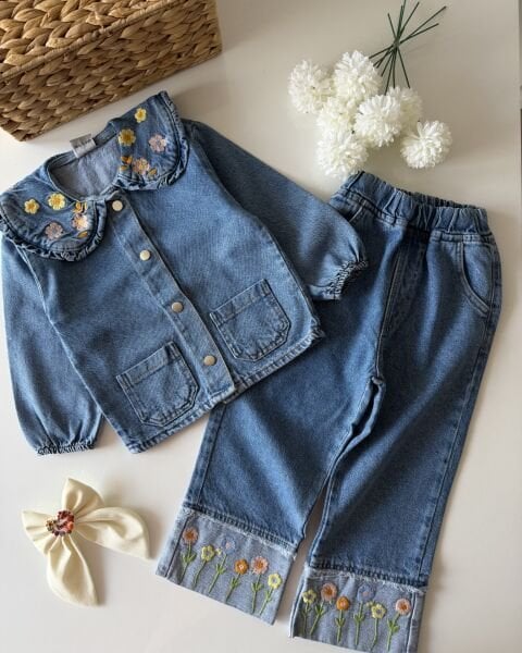 Asarkids Paça Nakışlı Ceket Pantolon 2'li Takım - Mavi