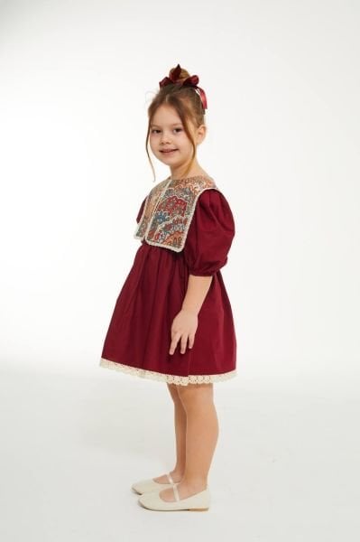 Etnik Desen Yakalı Elbise - Bordo