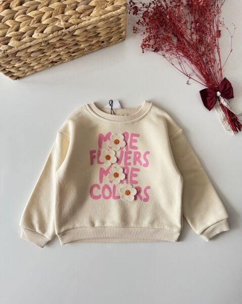 Çiçek Aplikeli Şardonlu Sweatshirt -Krem