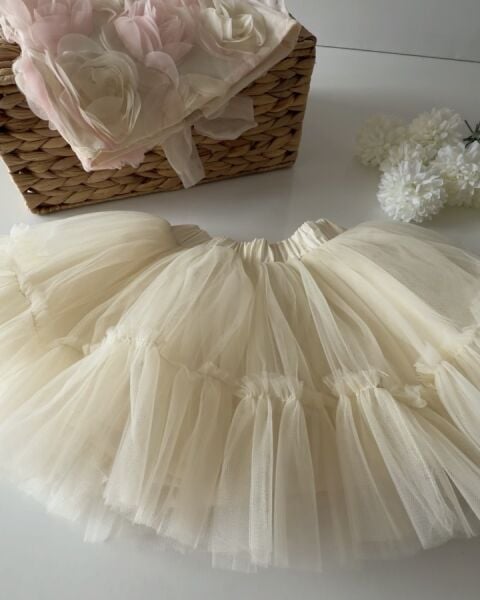 Asarkids Gül Aplikeli Sırtı Bağlamalı Tütü Etekli Takım - 2'li Takım - Krem