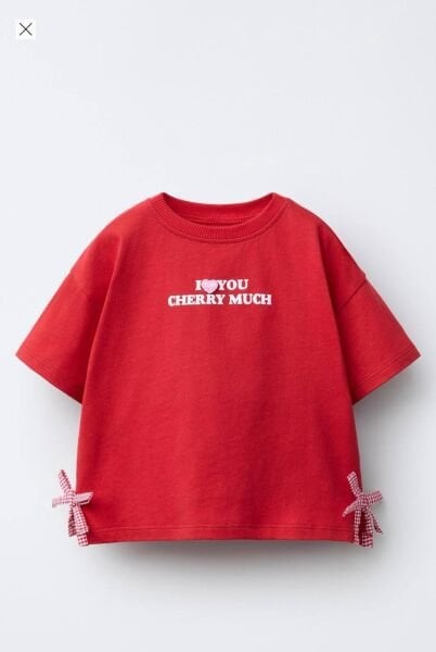 Asarkids Cherry Love Fiyonk Aplikeli Tişört (Kiraz Kalp) - Kırmızı