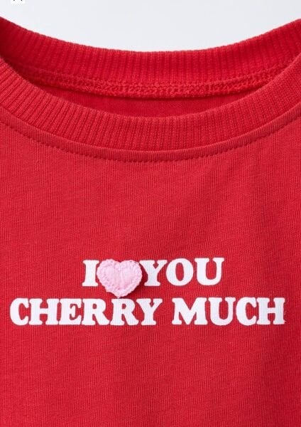 Asarkids Cherry Love Fiyonk Aplikeli Tişört (Kiraz Kalp) - Kırmızı