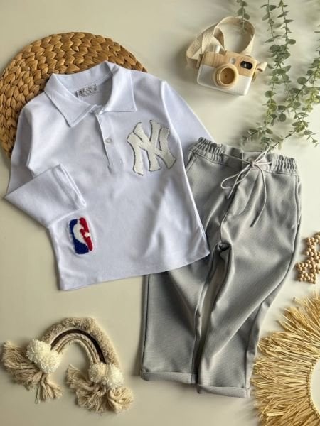 NBA Punch Nakışlı Dokuma Pantolonlu Takım - Gri
