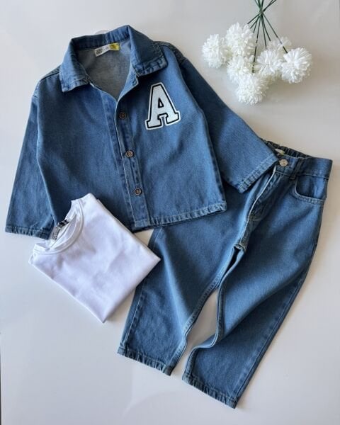 Punch Nakışlı Denim 3'lü Set - Mavi