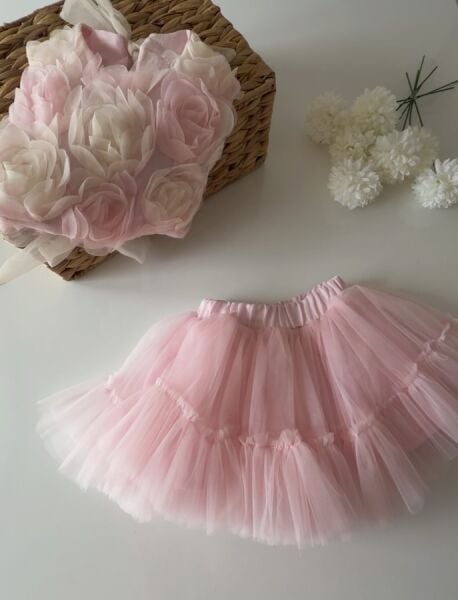 Asarkids Gül Aplikeli Sırtı Bağlamalı Tütü Etekli Takım - 2'li Takım - Pudra