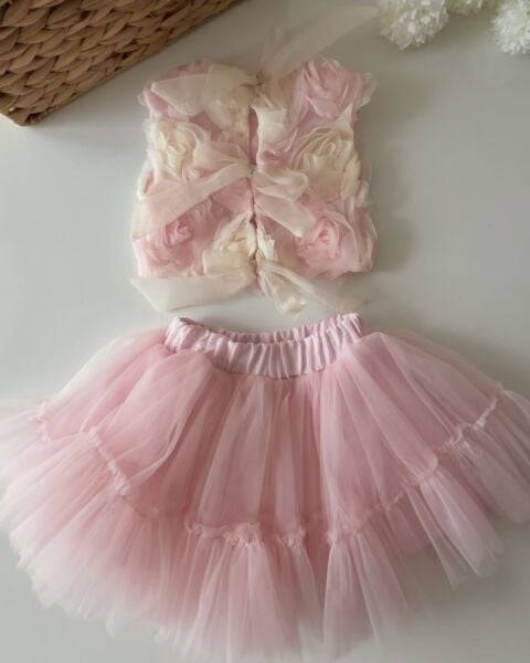 Asarkids Gül Aplikeli Sırtı Bağlamalı Tütü Etekli Takım - 2'li Takım - Pudra