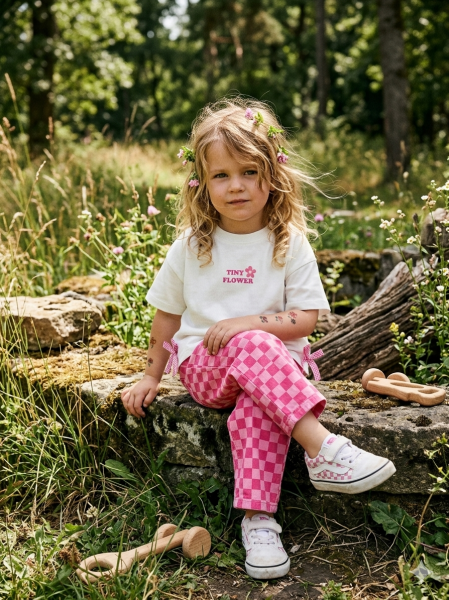 Asarkids Damalı Pantolon Fiyonk Detay Tişört 2'li Takım - Pembe Beyaz