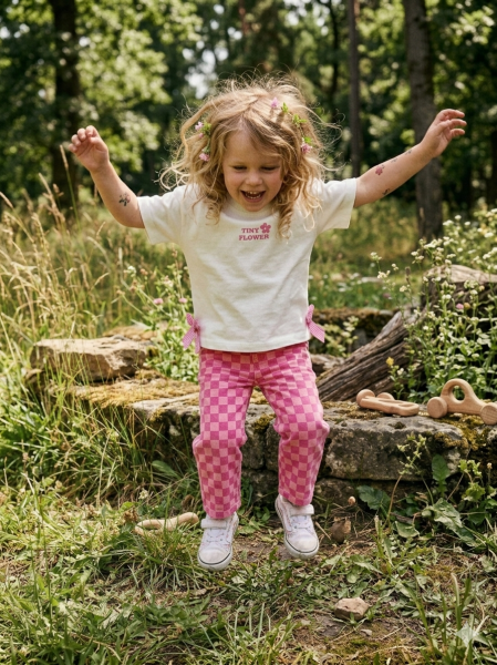 Asarkids Damalı Pantolon Fiyonk Detay Tişört 2'li Takım - Pembe Beyaz