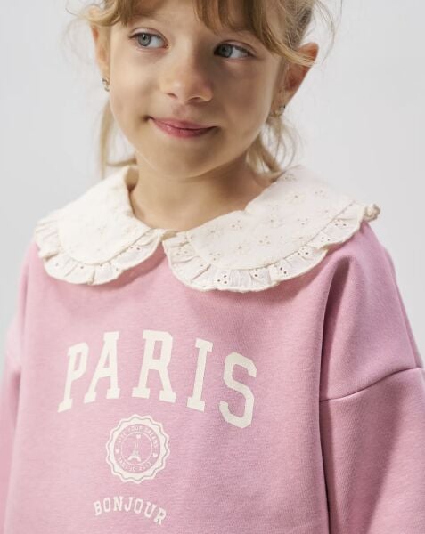 Paris Sloganlı Fisto Yakalı Şardonlu Takım - Pembe