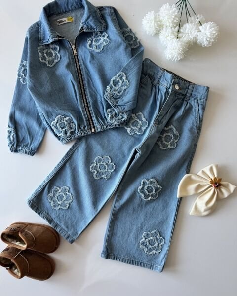 Papatya Saçaklı 2'li Denim Takım - Mavi