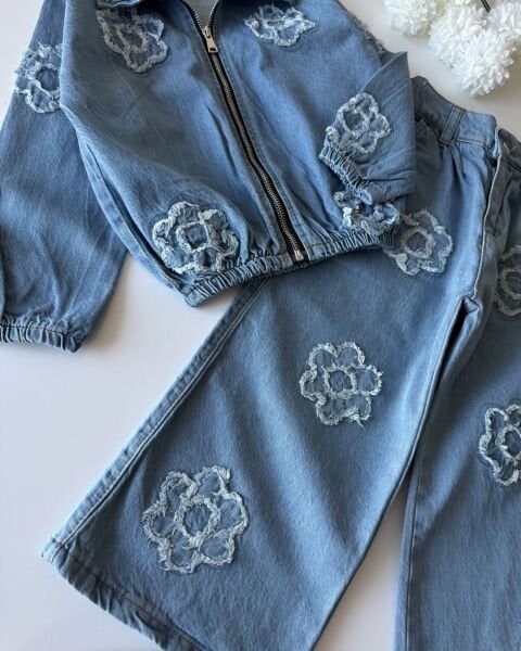 Papatya Saçaklı 2'li Denim Takım - Mavi