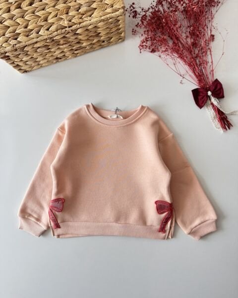 Fiyonk Aplikeli Şardonlu Sweatshirt -Pudra