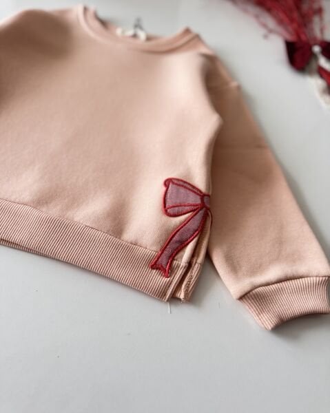 Fiyonk Aplikeli Şardonlu Sweatshirt -Pudra