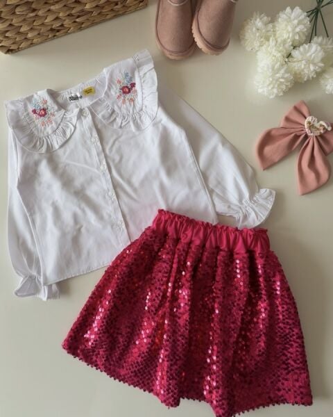 Asarkids Yaka Nakışlı Pul Payet 2'li Takım - Pembe