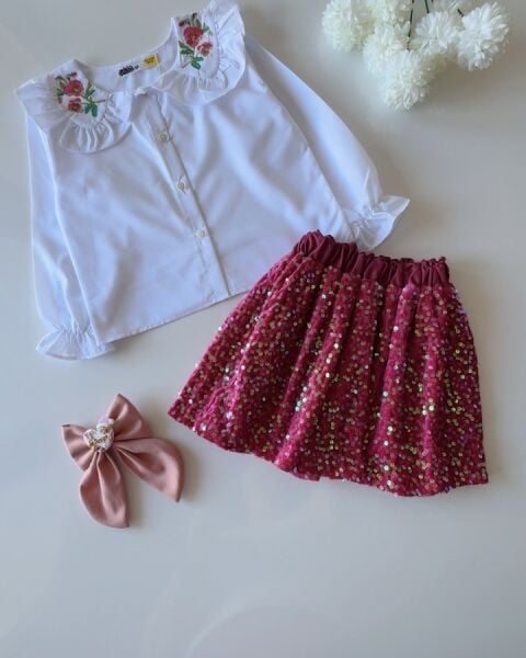 Yaka Nakışlı Kadife Etekli Pul Payet 2'li Takım - Pembe