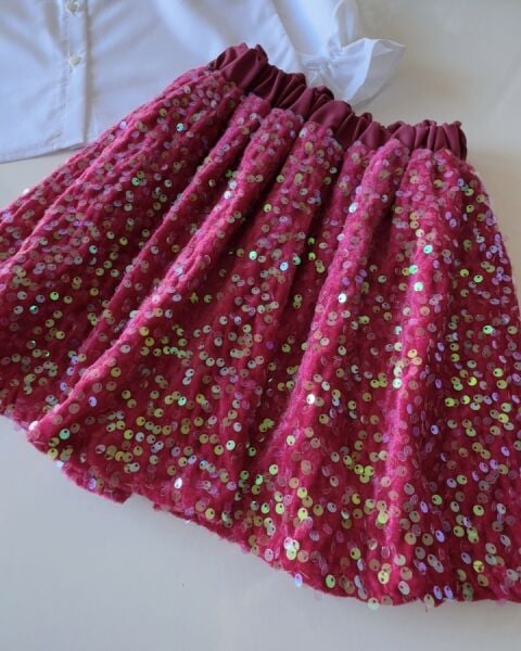 Yaka Nakışlı Kadife Etekli Pul Payet 2'li Takım - Pembe