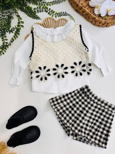 Asar Kids Triko Papatya Motifli 3'lü Set - Siyah Beyaz