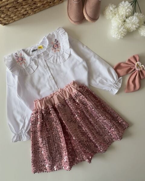 Asarkids Yaka Nakışlı Pul Payet 2'li Takım - Pudra