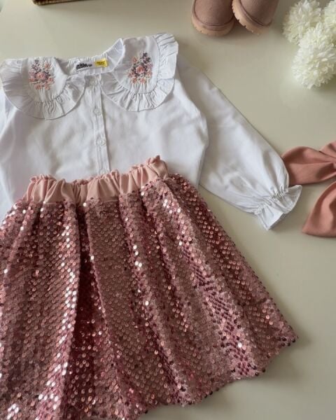 Asarkids Yaka Nakışlı Pul Payet 2'li Takım - Pudra