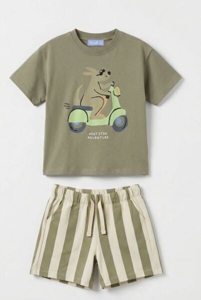 Asarkids La'ciel Paris Tavşan Motor Baskılı Çizgili Takım - Yeşil