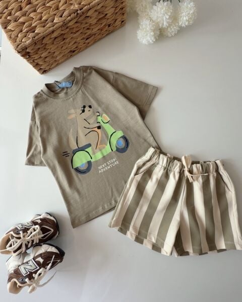 Asarkids La'ciel Paris Tavşan Motor Baskılı Çizgili Takım - Yeşil